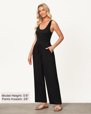 GRAPENT Linen Pants for Women Wide Leg High Waisted Baggy Drawstring Elastic Waist Palazzo Trousers Pants with Pockets in Saudi Arabia