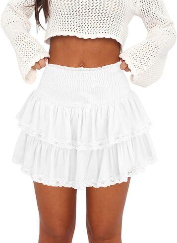 Womens Ruffle Lace Mini Skirt Athletic Golf Tennis Skort Boho Tiered High Waist Flowy Skirts in Kuwait