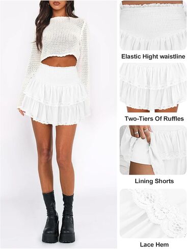 Womens Ruffle Lace Mini Skirt Athletic Golf Tennis Skort Boho Tiered High Waist Flowy Skirts in Kuwait