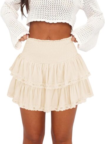 Womens Ruffle Lace Mini Skirt Athletic Golf Tennis Skort Boho Tiered High Waist Flowy Skirts in Kuwait
