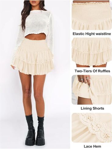 Womens Ruffle Lace Mini Skirt Athletic Golf Tennis Skort Boho Tiered High Waist Flowy Skirts in Kuwait