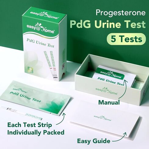 شرائط اختبار Easy@Home PDG: تتبع رؤى الإباضة مع اختبارات البول في البروجسترون - اختبار الخصوبة في المنزل للنساء مع تطبيق الإباضة المبكرة - PDG (Glucuronide) - 5 حزمة. in Kuwait