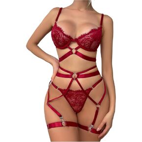 WDIRARA Women's 3 Pieces Floral Lace Underwire Garter Lingerie Set with Leg Ring