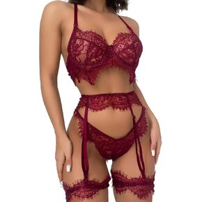 Lilosy Women Sexy Wireless Garter Bow Strappy Lace Sheer Lingerie Set Bra Panty Belt See Through 3 Piece