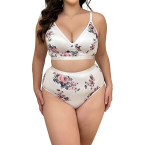 Women's Plus Size 2 Piece Lingerie Set Floral Sexy V Neck 3/4 Cup Bra High Waist Panty Matching Sets Underwear