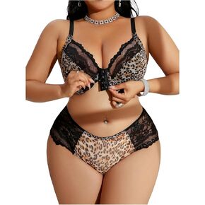 Wdirara Women's Plus Size 2 قطعة من الدانتيل Leopard Lingerie Lingerie مجموعة إغلاق أمامي Underwire Bray