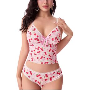 Women's 2 Pieces Lingerie Set Cherry Print Bow Knot Cami Tops and Panty Underwear Set