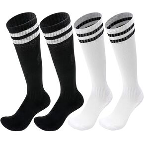 2Pairs Soccer Socks for Kids Solid Striped Knee High Tube Football Sports Socks for 6-13Years Old Boys Girls