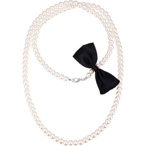 36IN Black Big Bow Necklace Boho Butterfly Trendy Long Pearl Necklace Fake String Of Pearls Nicet Bow Butterfly Pendant Necklace for Women Wedding BirthdayProm Party Bar