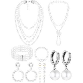 BBTO 8 Pcs Pearl Necklace and Earrings Set for Women Faux Pearl Bracelets Costume Jewelry Set for Wedding Bridal Shower Graduation Birthdays Dance Balls Party Mother's Day Gifts