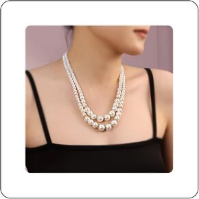 Long Pearl Necklace for Women Multilayer Faux Pearl Bead Long Strand Chain Chunky Big Pearl Necklace Vintage Stacked Tassel Strands Necklace Bridal Wedding Party 1920s Costume Jewelry