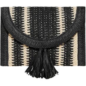 OYOANGLE Women's Color Block Woven Clutch Bag Straw Fringe Flap Small Striped Boho Purse Handbags