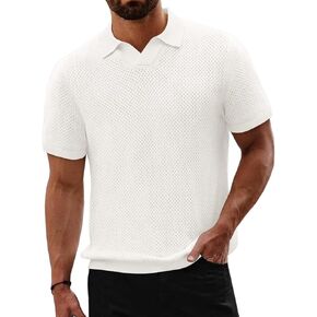 Beotyshow Mens Knit Polo Shirts Short Sleeve Hollow Out Crochet Sweater Tops Regular Fit Casual Fashion Basic Tee