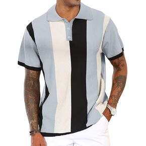 Men's Casual Polo Shirts Vintage Striped Knitting Button Down Shirts Golf Collared Shirts