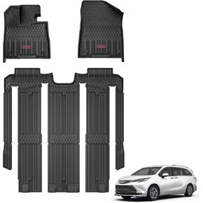 3W Floor Haps & Cargo Liner Fit Toyota Sienna 2021-2024 2025 (فقط لمدة 7 مقعد وليس مناسبة 2025 Platinum Edition) TPE Custom Fit Floor Liner لـ Sienna 1st ، 2nd و 3rd rows and trunk (w/o fare tyre)