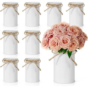 8 Pcs 4.33 Inch High White Rustic Metal Vases Vintage Flower Vase with Twine Bow for Table Centerpiece Bulk Centerpieces for Weddings Home Decoration Cylinder Iron Farmhouse Bucket for Home Decor