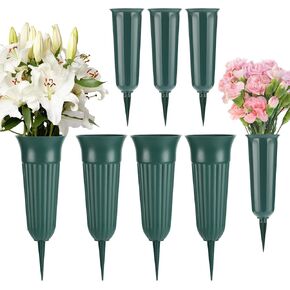 8-Pack Cemetery Vases for Grave - 2 Sizes of Plastic Cone Vase with Foam Flower Holders Spikes, Cemetery Decorations for Patriotic Memorial Grave Accessories (Gray, Green)