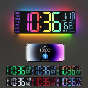 13" Digital Wall Clock with Night Light, Digital Clock with 8 RGB Colors, Dual Alarm, Dimmer, Auto DST, Voice Control, Auto Time Sync, Clocks for Living Room, Bedroom, Perfect for Gift