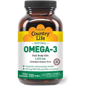 Country Life Omega-3 ملحق زيت السمك ، 1000 ملغ ، 180 ملغ من وكالة حماية البيئة و 120 ملغ من DHA ، تركيز زيت السمك ، burpless ، 300 ناعمة ، خالية من الغلوتين المعتمد