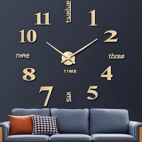 VREAONE Frameless DIY Wall Clock,Large Modern 3D Mirror Sticker kit for Home Living Room Bedroom Office Wall Decorations(Black)