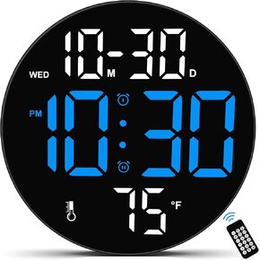 CandyHome Digital Wall Clock Large Display with Remote Control, Plug in LED Digital Alarm Clocks, 12/24Hr, Auto Brightness, Date, Week, Temperature, Non-Ticking for Living Room Bedroom Office (Blue)
