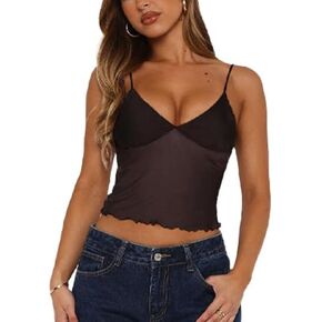 Avidlove Sexy Sheer Tops for Women Mesh Crop Tops See Through V Neck Cami Spaghetti Strap Bralette Tank Top in Saudi Arabia