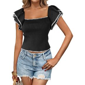 Saodimallsu Womens Cropped Ruffle Short Sleeve Sweater Square Neck Crop Knit Tops Summer Lightweight Pullover Shirts