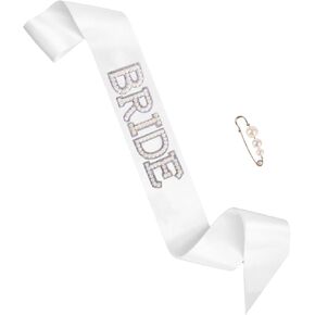 Bride Sash - White Bachelorette Party Sash with Pearls and Rhinestones, Bridal Shower Sash for Bride-to-Be, Bride to Be Sash Wedding Party Decorations