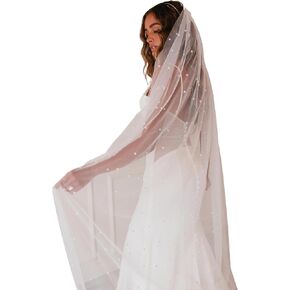 Long Wedding Bride Pearl Veil Chapel Length Veils Soft Tulle Bridal Veils with Comb 118 Inches