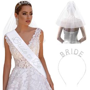 Rhinestone Bride Headband + Bride to Be Sash + Wedding Veil, Bridal Shower Gifts for Bachelorette Party Decorations, Bridal Shower, Engagement Party Decorations
