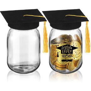 Hoolerry Graduation Gifts 2025 DIY Mason Jar 2 Pcs 16 oz Glass Jars and Felt Graduation Cap for 2025 Party Favor Decor Money Advice Cards College School End of Year Student Gifts from Teacher