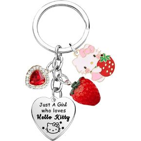 Cartoon Cat Keychain Cat Gifts for Women Fans Gifts Hello Cartoon Character Keychain Cats Themed Gift for Lovers Cute Stuff Jewelry Birthday Gift Strawberry Charm Keychains