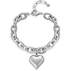 WOWORAMA Gold Heart Bracelets for Women Gold Chunky Link Chain Bracelet Puffy Heart Charm Bracelet Adjustable Thick Chunky Gold Bracelets