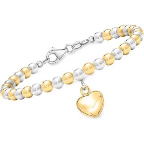 Ross-Simons Italian Sterling Silver and 18kt Gold Over Sterling Heart Bead Bracelet
