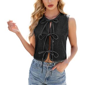 Denim Vest Sleeveless Crewneck Bows Tie Front Crop Top Y2K Summer Jean Vintage Fashion Western Cowgirl Jacket