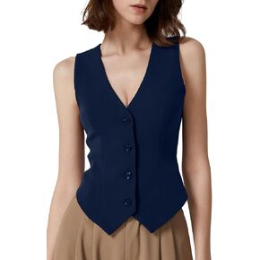 QINSEN V Neck Vest for Women Button Down Sleeveless Lined Fashion Casual Crop Waistcoat Navy L