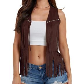 Women Tassel Vest 70s Hippie Clothes Sleeveless Fringe Waistcoat Open Western Jacket Cardigan for Streetwear Outerwear