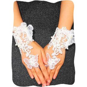 Lace White Tea Party Gloves Fingerless Butterfly Short Gloves for Women
