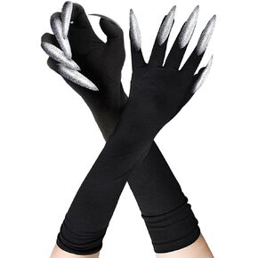 Cat Claw Gloves Black Costume Accessories for Women - Silver Glitter Finger Claws Long Nail/Claw Naughty Animal Glove for Halloween Accessory Carnival Mardi Gras Kit Cosplay