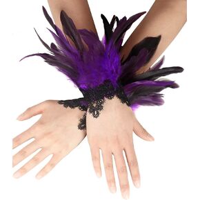 Black Lace Feather Gloves Cuffs for Women Cosplay Costume Accessories with Swan Wrist Bands