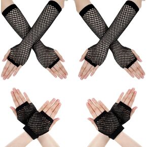 Bremorou 4 Pairs Black Fishnet Gloves Long and Short Mesh Fingerless Gloves Fingerless Mesh Glove Fish Net Arm Sleeves 80s Party Cosplay Costume Accessories for Women Halloween Gifts Polyester