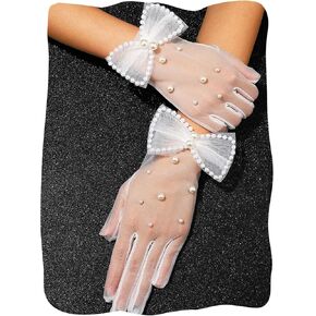Pearl White Tea Party Gloves Mesh Tulle Bridal Bow Sheer Gloves for Women