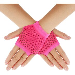 Lusofie Pink Short Fingerless Fishnet Gloves for Women Kids 90s Party Neon Fingerless Gloves Rose Red Rocker Clothes Fashion Net Mesh Gloves for 80s Masquerade Halloween Cosplay Role Play Supplies