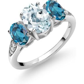 GEM Stone King 10K White Gold Sky Blue Aquamarine London Blue Topaz and White Lab Carwing Diamond 3 Learge Engagement for Women (2.44 CTTW ، Gemstone Birthstone ، متوفر في الحجم 5 ، 6 ، 7 ، 8 ، 9)