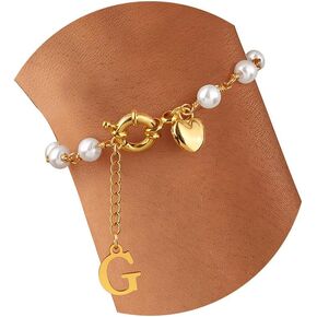 Pearl Initial Bracelet for Women- Dainty Gold Letter heart Charm Pearl Beaded Bracelet Jewelry for Women, Bridesmaid Proposal Wedding Bride Party Bridal Shower Gift Valentine's Gift