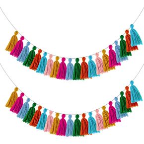 2 Pcs Boho Tassel Banner Rainbow Wall Hangings Colorful Fringe Garland for Classroom Office Birthday Graduation Party Wedding Bedroom Decoration (4 Inch Tassels)