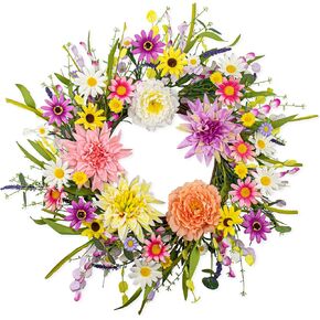 Artificial Spring Wreath 22 Inch Floral Wreaths for Front Door Spring Summer Wreath with Dahlia Daisy Flowers for Indoor Porch Wall Springtime Holidays Easter Celebrations