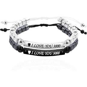 I Love You 3000 Black White Hematite Bracelets for Couples, Handmade Engraved Stainless Steel Name Plate Love Heart 2 Bracelets Set for Men Women with Black White Hematite Beads Y1452