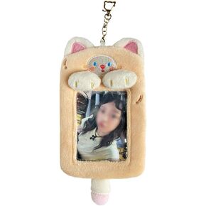 Kpop Plush Photocard Holder with Keychain Cute Cartoon 3 inch Idol Album Mini Photo Card Holder Protector Stationery (Kitty B)