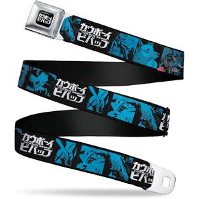 Cowboy Bebop Belt, Seatbelt Buckle Belt, Cowboy Bebop Title Logo and Character Blocks Black Blues, Adjustable